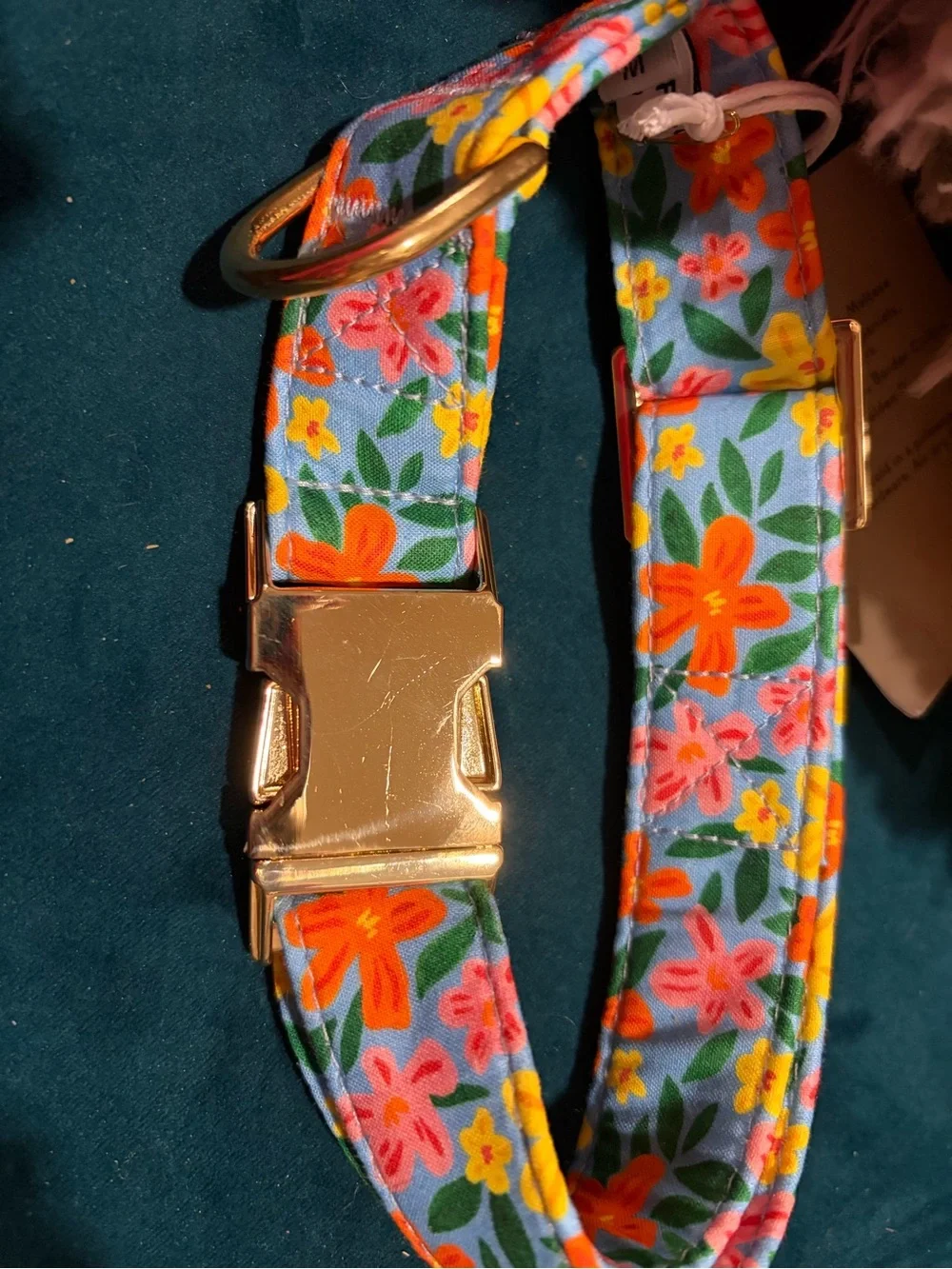 The Foggy Dog Floral medium Collar in Blue with Orange & Pink Flowers